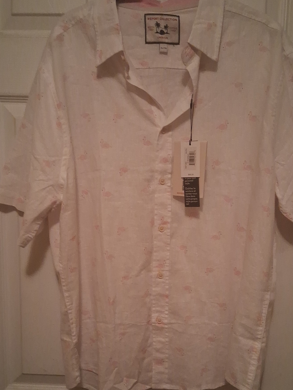 Report Collection White Short-Sleeve Button-Down Shirt with Flamingo Print